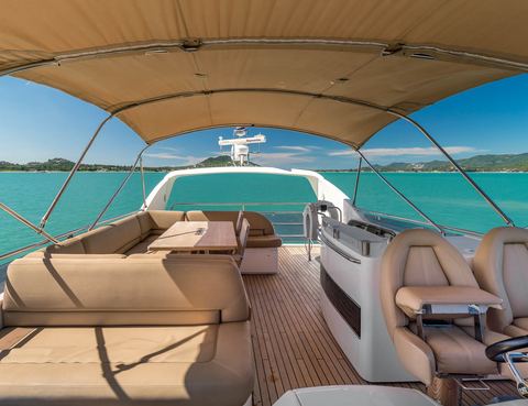 The flybridge, shaded and set for the day