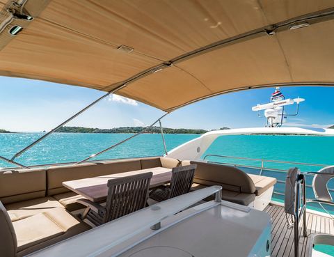 Flybridge seating with the islands beyond