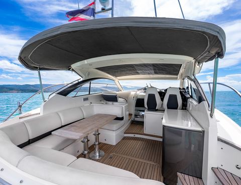 The cockpit, shaded and open to the sea